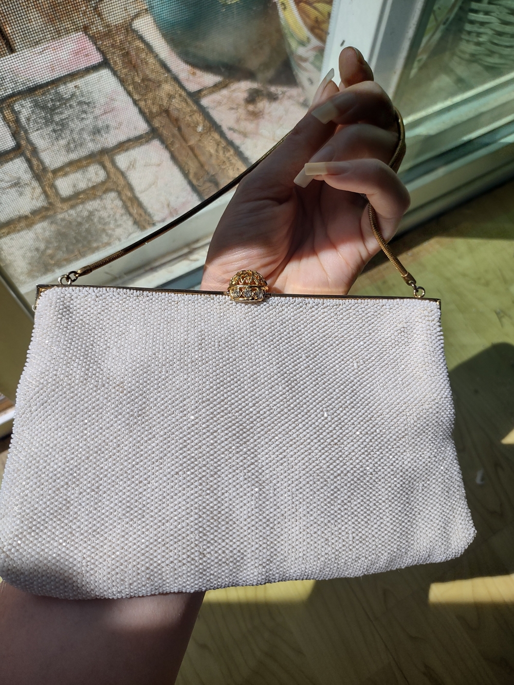 Elegant White Beaded Evening Clutch with Gold Hardware